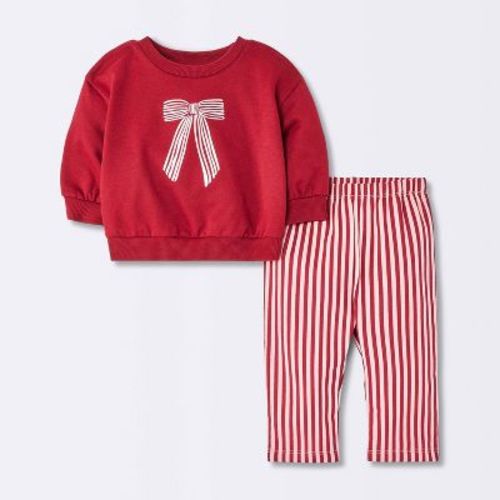 Baby Girls' 2pc Christmas Bow Holiday Striped Pantss Fleece Set - Cloud Island™ Red Newborn