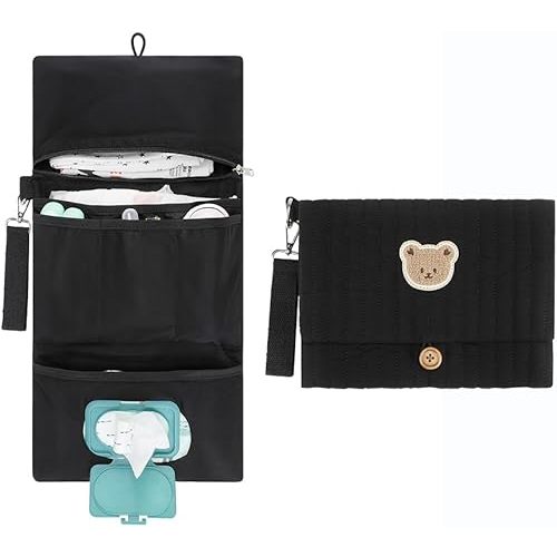 MOMIGO Baby Diaper Bag Organizer Pouches - Waterproof Pod Foldable Diaper Organizer Set, Cute Bear Bag Gift for Baby Shower (Black)