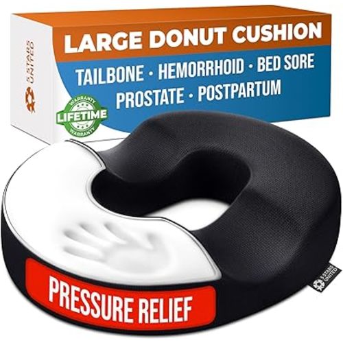 5 STARS UNITED Donut Pillow Hemorrhoid Tailbone Cushion – Large Floor Cushion for Pain Relief – Coccyx, Prostate, Sciatica, Pelvic Floor, Pressure Sores, Pregnancy, Postpartum Recovery, Black Mesh