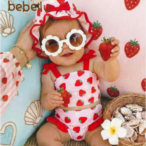 SHEIN Baby Girl Strawberry Print Swimsuit Set, Beach/Resort Baby Strawberry Swimsuit Baby Swimwear Red Baby Beach Vacation Outfits Baby Polka Dot Swimsuit | SHEIN USA
