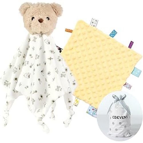 CREVENT Cozy Plush Baby Security Blanket, Soft Animal Lovey for Baby Girls and Boys, Comfort Blanket, Birthday Gift - Bear + Tag