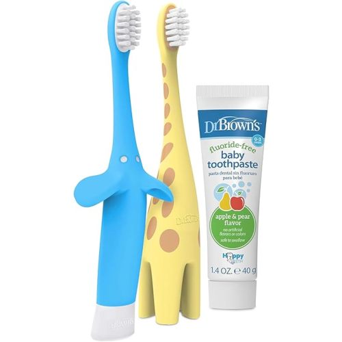 Variety Pack: Dr. Brown's Infant to Toddler Giraffe and Blue Elephant Toothbrushes with Baby Toothpaste, Strawberry 1.4oz