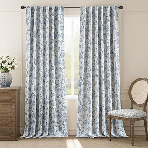 jinchan Blackout Floral Curtains for Bedroom, 108 Inches Long Printed Flower Black Out Curtains, Extra Long Back Tab Blue Window Treatment Farmhouse Drapes Set 2 Panels Blue