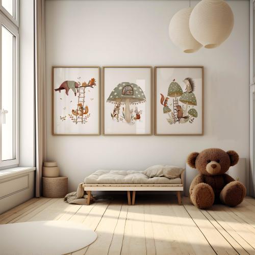 Set of Three Whimsical Woodland Animal Art Prints, Children's Whimsical Room Decor, Sage Green Nursery Art, Tree & Mushroom Print Nursery