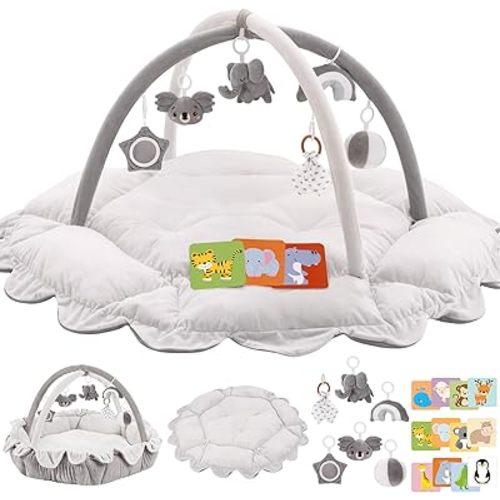 5-in-1 Plush Baby Play Gym, Activity Mat with Convertible Gym, Baby Gym 6 Sensory Toys, Play Center for Newborn to Toddler, Grey