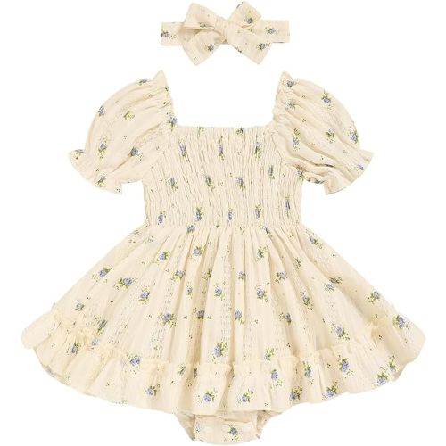 GRNSHTS Baby Girl Romper Dress, Puff Sleeve Smocked Outfit with Headband for Infants Soft Cotton Photo Shoot