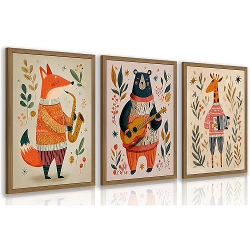 PORENY Woodland Animal Band Nursery Wall Art Set of 3, Fox Bear Giraffe Music Band Poster Print, Cute Forest Animal Kids Room Decor, Scandinavian Nursery Artwork for Playroom Wood Framed 12x16 Inch