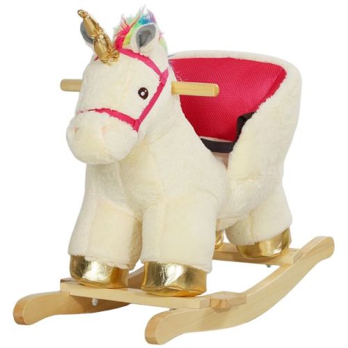 Qaba Kids Rocking Horse, Ride on Unicorn with Realistic Sounds, Safety Belt & Wooden Base, Plush Rocking Horse for Toddlers 18-36 Months, Cream White