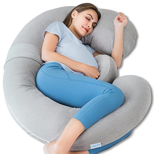 QUEEN ROSE Pregnancy Pillows - E Shaped Pregnancy Pillows for Sleeping, with Pregnancy Wedge Pillows for Belly Support, 60 inch Maternity Body Pillow, Breathable Jersey Cover,Grey