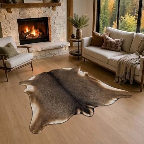 Deer Print Rug, Faux Mule Deer Hide Animal Skin Design 5'x7', Gray Brown Washable Non-Slip Low-Pile Area Mat, Rustic Cabin Lodge Decor for Living Room Bedroom Fireplace