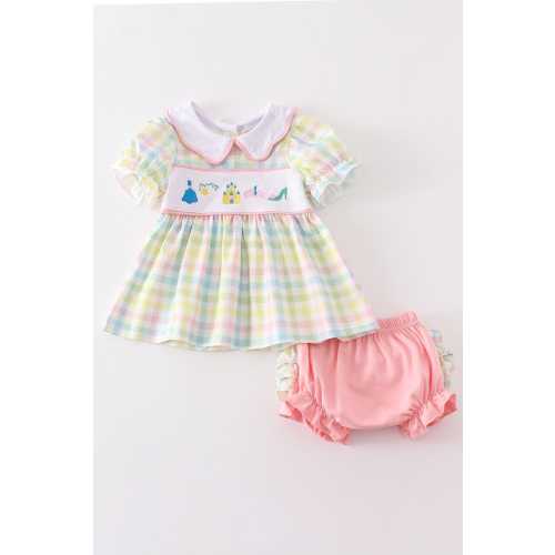 Abby & Evie Girl's Pastel Princess Castle Embroidered Embroidery Ruffle Two Piece Bloomer Set Summer Vacation Sibling Matching