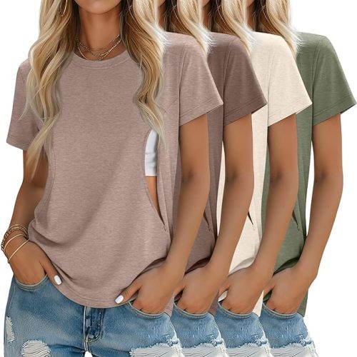 4 Pack Women's Nursing Breastfeeding Shirts with Zipper Loose Fit Short Sleeve Maternity Top Nursing Clothes