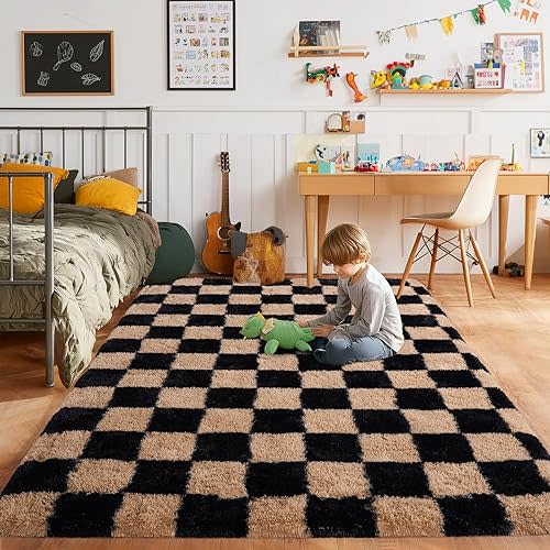 Pionblank Fluffy Area Rug for Bedroom 5x7, Modern Indoor Shag Carpet, Soft Plush Non Slip Checkered Rugs for Living Room Kids Room Home Decor, Black and Beige