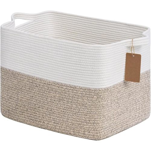 Goodpick Woven Storage Baskets for Organizing, Blanket Basket Living Room, Rope Baskets for Storage, Rectangle Toy Basket With Handles, Brown and White, 18 x 14 x 12 Inches