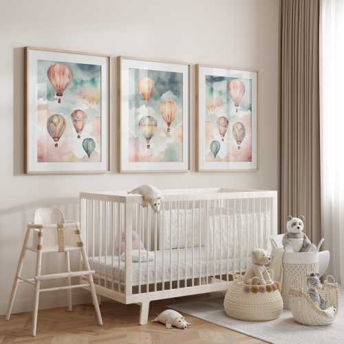 Watercolor Hot Air Balloon Nursery Prints: Sky Wall Art, Set of 3
