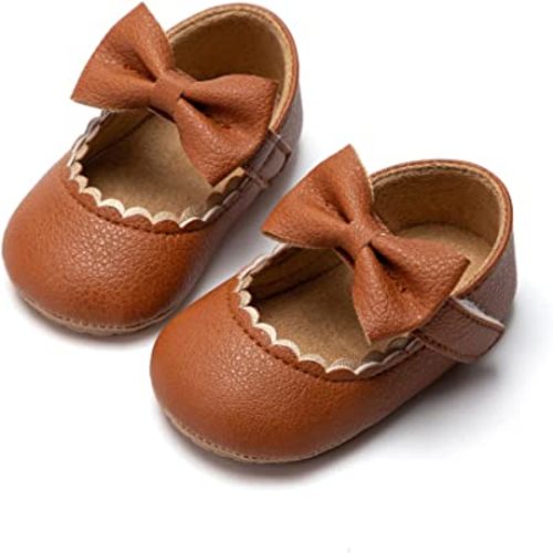 Oamico Infant Baby Girls Mary Jane Flats Non Slip Rubber Sole with Bownot Toddler First Walkers Princess Wedding Dress Shoes