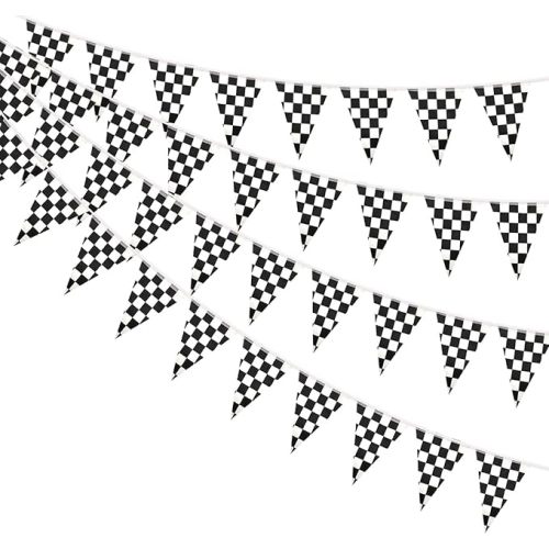 AhfuLife 30 Pcs Checkered Pennant Flag Banner, Checkered String Flags Racing Flags, Black and White Flag Buntings for Car Race Racing Party Car Garden Street Decorations(7.9×11 Inch -39 Ft)