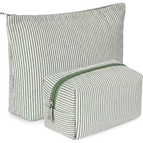 Huhumy 2 Pcs Makeup Bag Set for Women, Bean Green, Thin Striped Seersucker