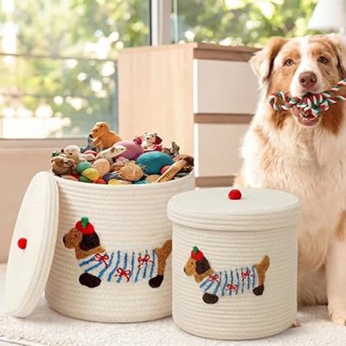 Novabright 2 Pcs Dog Woven Basket with Lid Cute Toy Storage Bin Cotton Rope Puppy Animal Storage Basket for Laundry Toy Pet Gift Organizer for Clothes Towels