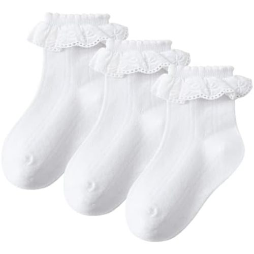 3 Pairs Girls Ruffle Socks White Fancy Ruffled Lace Dress Socks for Girls Toddler Daily Wear