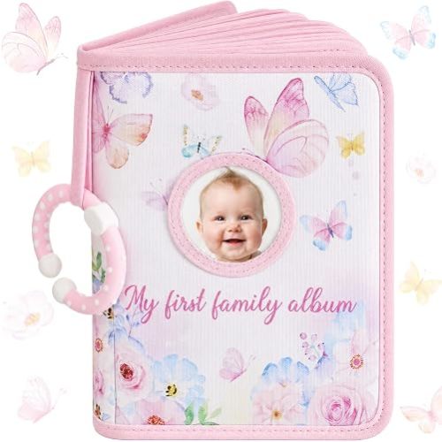 Motiskyy My First Family Album for Baby, Holds 29 4x6 Photos, Soft Toddler Photo Book with Dual Safe Mirror & Hanging Hook, Early Educational Memory Book Gift for Newborn Kids Baby Shower (Butterfly)