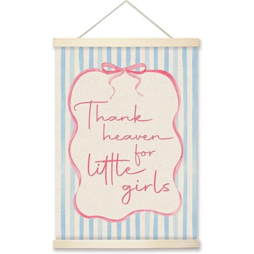 RZQIJ Thank Heaven For Little Girls Sign Blue and Pink Bow Hanging Wall Flags Canvas Banner 12x16 Inch - Coquette Room Decor Banner for Living Room, Bedroom - Pink Wall Art(039)