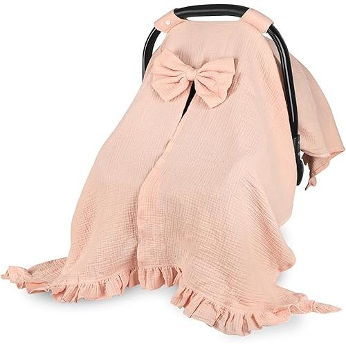 Muslin Baby Girl Car Seat Cover – Breathable Summer Car Seat Canopy with Removable Bow & Ruffle, Multi-Functional Stroller Cover & Baby Blanket, Sun Protection, Princess Baby Shower Gift(Pink)