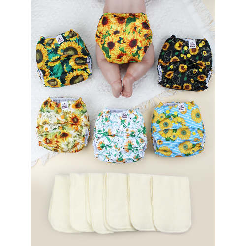 POCKET DIAPER 3.0 WITH INSERTS - 6 PACK(Sunflowers)