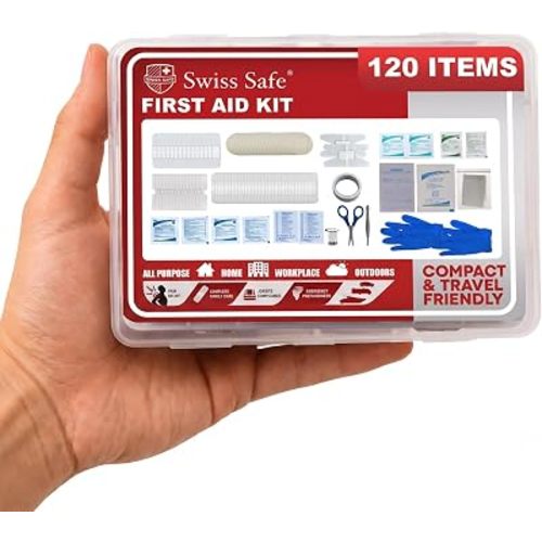 Swiss Safe Mini First Aid Kit – 120 Pcs Compact Hard Shell Medical Kit for Home, Car, Travel, Camping, Hiking, Sports, Office & Outdoor Emergencies, Small Hardcase FAK
