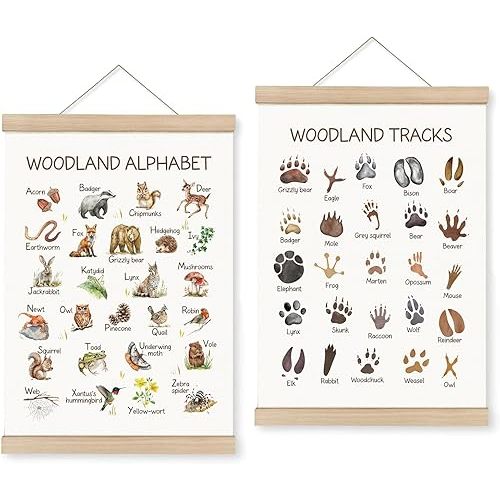 Woodland Animal Tracks Poster Set – 2 Rustic Nature Prints with 25 Realistic Footprints, Educational Forest Wall Art for Kids Room, Boys Nursery or Classroom, 12x16 Inches with Hanger Frame