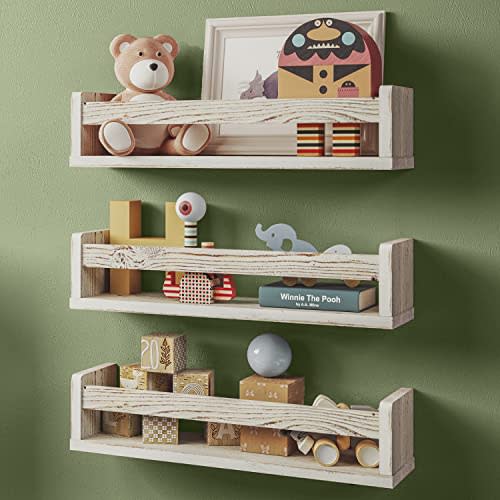 NATURE SUPPLIES Set of 3 White Nursery Room Shelves, Solid Wood Ideal for Books, Toys, Decor, Wall Bookshelf for Kids Bedroom, Kids Bookshelf, Nursery Book Shelves, Floating Bookshelf Whitewashed Grey