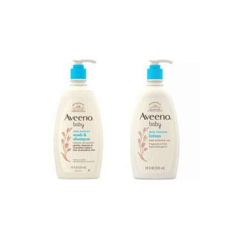 Aveeno Baby Daily Moisture Gentle Body Bath Wash & Shampoo 18 fl oz + 18 fl oz Body Lotion for Delicate Skin