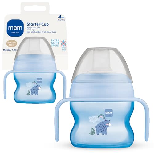 MAM Starter Cup (1 Count), Sippy Cup, Drinking Cup With Extra-Soft Spill-Free Spout and Non-Slip Handles, For Boys 4+ Months, Five Ounces, Blue