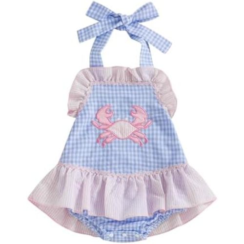 Baby Girl Outfit Sleeveless Halter Tie Up Crab Embroidered Plaid Stripe Bubble Romper Dress Summer Clothes One Piece