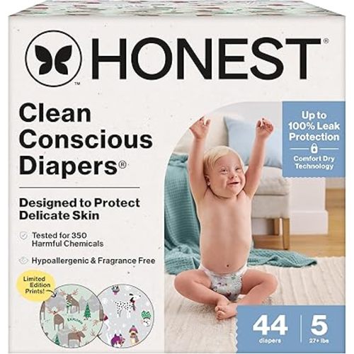 The Honest Company Comfort Dry Disposable Diapers for Sensitive Skin, Hypoallergenic, Fragrance-Free, Winter '25 Seasonal Prints, Club Box, Size 5 (27 lbs), 44 Count