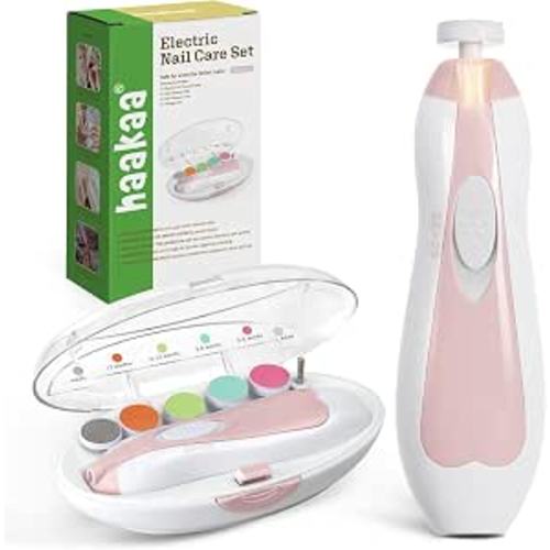 haakaa Baby Nail Trimmer Electric Safe Baby Nail Clippers Baby Nail File Kit Manicure Set, Trim Polish Grooming kit for Newborn Toddler or Adults Toes Fingernails, 6 Grinding Heads and LED Light | Safe and Gentle Baby Nail Care with LED Light, Low Noise, 