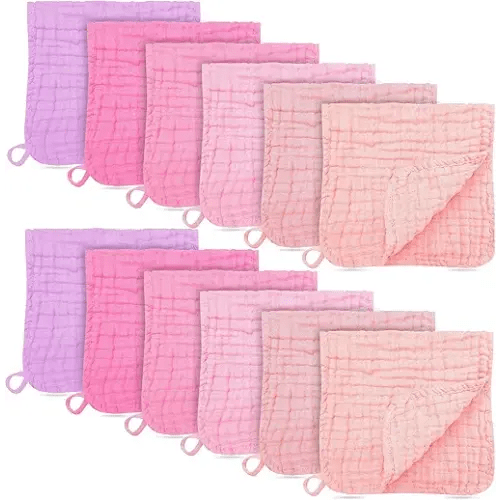 BAMBOO QUEEN 12 Pack Muslin Burp Cloths - Large 20" x 10", Ultra Absorbent 100% Cotton for Baby Drool and Messes - Soft, Gentle Baby Burp Rag for Boys & Girls -Pink, Purple, Sakura Series