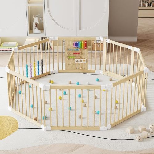 Wooden Baby Playpen, 58x58x23 in Foldable Solid Wood Playpen for Babies and Toddlers, Adjustable Baby Fence with Locking Gate & Activity Panels, Portable Indoor Toddler Play Yard
