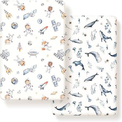 GRSSDER Stretchy Ultra Soft Jersey Knit Pack and Play Sheets 2 Pack, Portable/Mini Crib Sheets Universal Fitted for Playpen Mattress Safe and Snug, Cute Sea Fish & Space Print