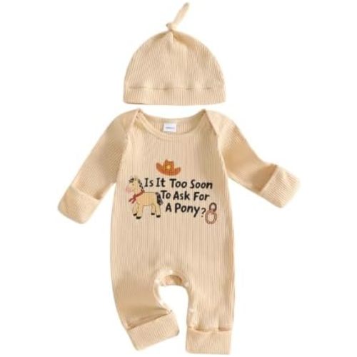 Western Newborn Baby Boy Cowboy Outfit Little Pony Romper Rib Knit Jumpsuit with Hat Coming Home Fall Clothes