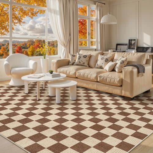 LIVEBOX 8x10 Area Rugs for Living Room, Checkered Non-Slip Washable Rugs, Farmhouse Neutral Classic Geometric Pattern Large Boys Area Rug for Bedroom, Carpet for Dining Room Office(Dark Brown,8'x10')