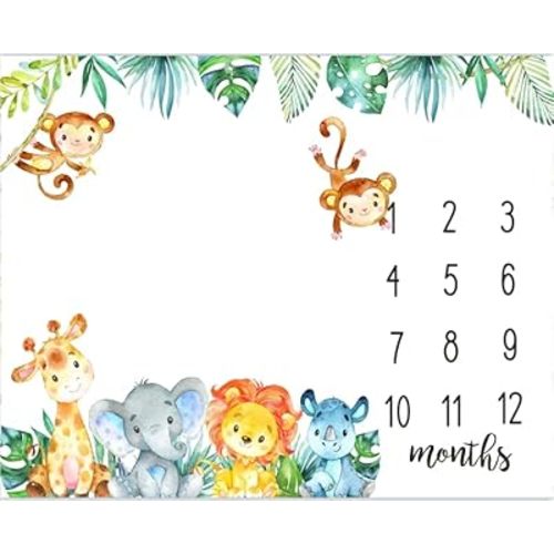 Yuzioey Safari Baby Monthly Milestone Blanket, Jungle Animals Baby Growth Chart Month Blanket, Watch Me Grow Boy Safari Nursery Gift for New Moms, Includes Marker (50"x40")