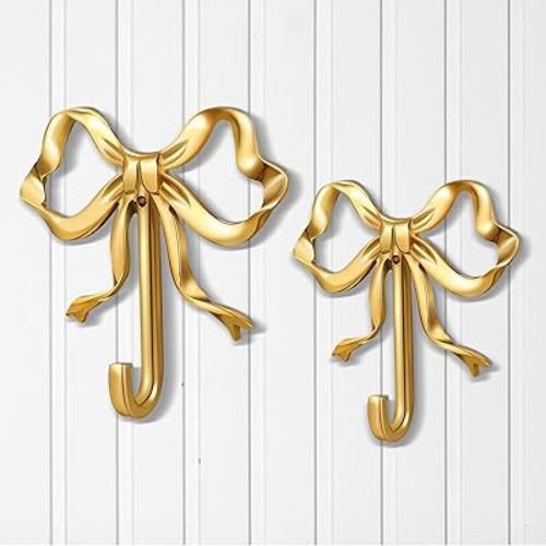 2 Pcs Gold Bow Knot Hooks Brass Bow Christmas Wall Door Hanger Towel Hooks Brass Coat Hanger Decorative Holder for Christmas Wedding Bathroom Living Room Kitchen Decor (L+S)