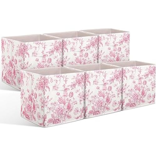 Geelin 6 Pcs Pink Floral Cube Storage Bins 11 Inch Pink Flower Storage Basket with Handle, Preppy Girls Organizer Basket, Collapsible Fabric Box for Classroom Bedrooms Office Home Decoration Gift