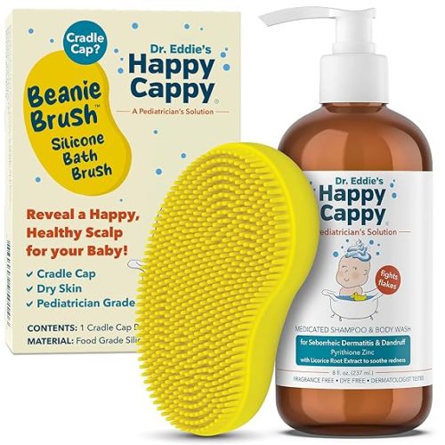 Happy Cappy Medicated Shampoo and Body Wash and Beanie Brush Bundle - Baby Dandruff Shampoo, Helps Cradle Cap and Seborrheic Dermatitis, Fragrance-Free, Gentle Baby Scalp Scrubber - 2 Pieces