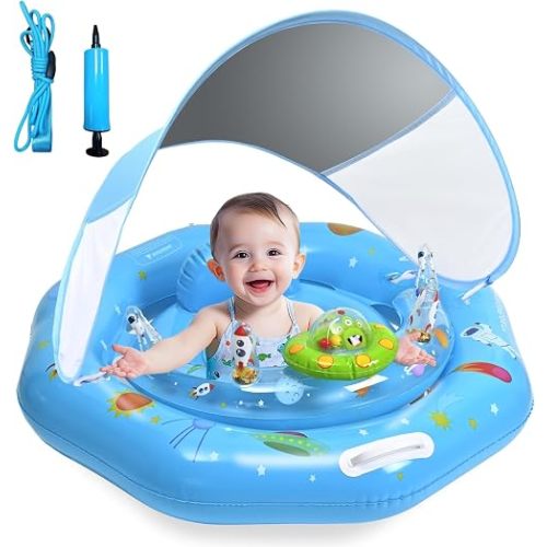 Baby Pool Float with Canopy & Toy Console,Adjustable Safe Seat,Removable UPF50+ Sunshade,Infant Pool Float for 6-36 Months,Baby Floaties 6-12 Months with Safety Handle & Rope for Pool,Sea