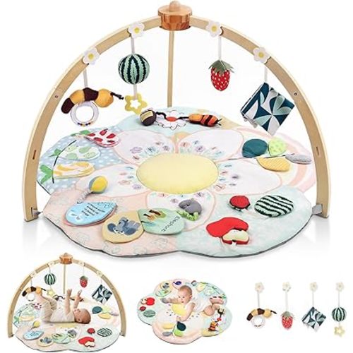 Baby Play Gym & Activity Mat, 5 Developmental Zones Tummy Time Mat with 4 Detachable Sensory Toys, Early Skills & Sensory Development Mat, Newborn Essentials Baby Shower Gift