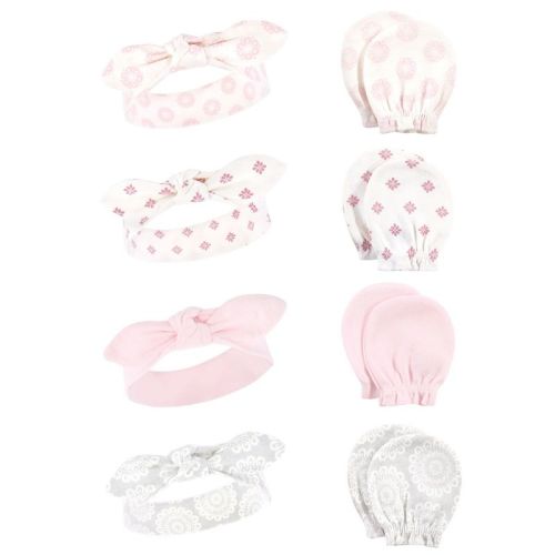 Hudson Baby Infant Girl Cotton Headband and Scratch Mitten Set, Lace Medallion, 0-6 Months