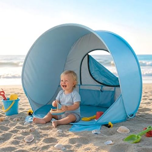 Baby Beach Tent Pop Up Baby Tent with UV Protection - Portable Infant Shade Canopy, Must-Have Beach Baby Essentials (Blue, 32.7" x 28.5" x 30.7")