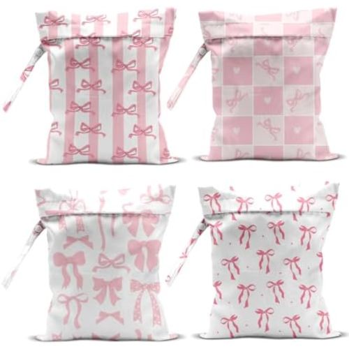 4 Pack Wet Bag for Swimsuit, Beach Travel Essentials Wet Dry Bag, for Sunscreen Toiletry Dirty Clothes Yoga Gym Diaper, Friend Summer Beach Vacation Gifts. Pink Bow Series